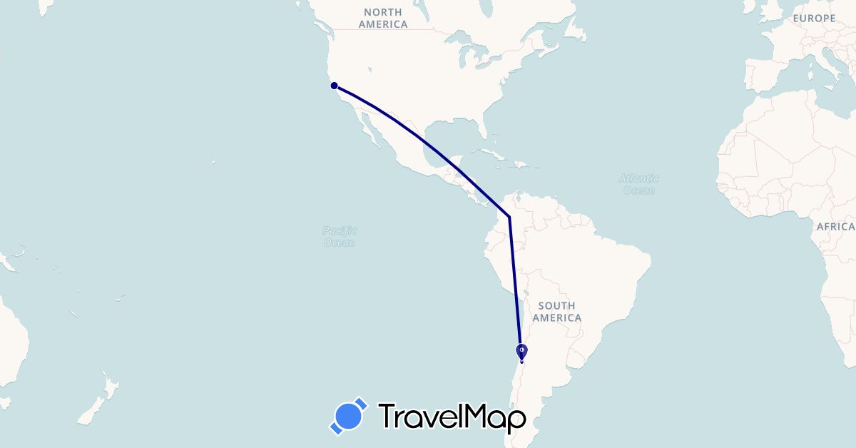 TravelMap itinerary: driving in Chile, Colombia, United States (North America, South America)